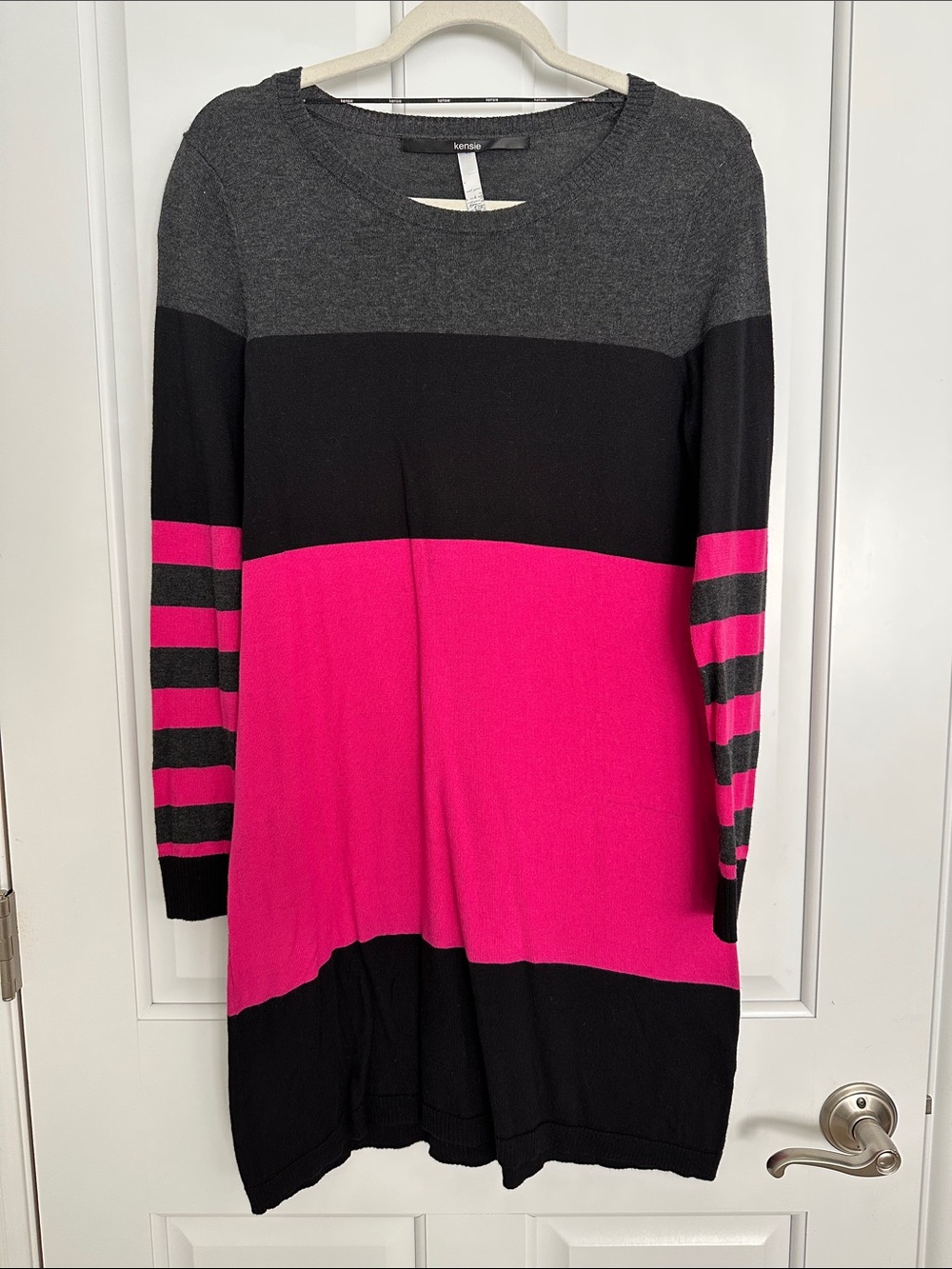 kensie Hot Pink, Black & Gray Colorblock Crewneck Sweater Dress